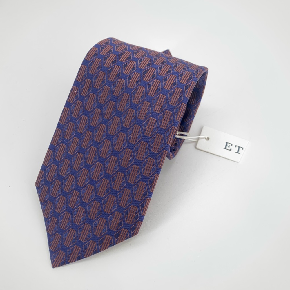 Eton Tie Mens One Size Navy Brown Patterned Silk Classic Necktie England Made